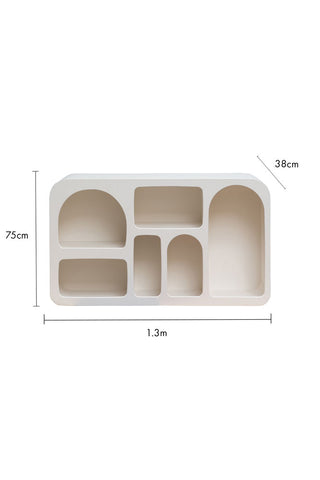 Cutout image of the White Alcove Shelf on a white background with dimension details. 