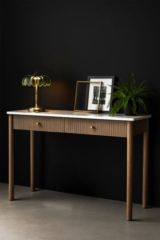 Lifestyle image of the White Marble 2-Drawer Console Table