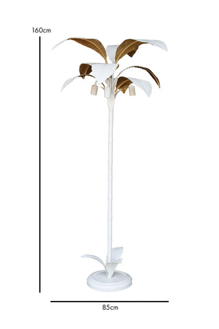 Cutout image of a white palm tree floor lamp on a white background with dimensions. 