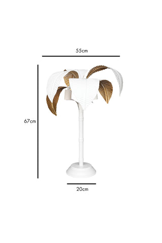 Cutout image of a white palm tree table lamp on a white background with dimensions. 