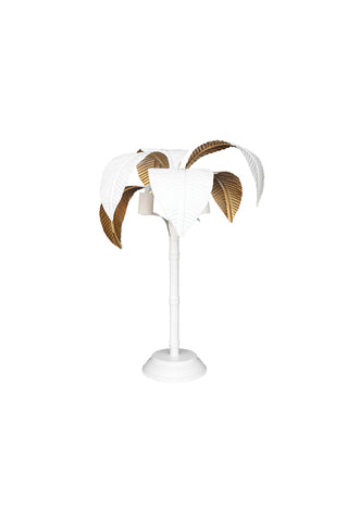 Cutout image of a white palm tree table lamp on a white background. 