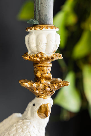 Close-up image of the Large White Ornate Parrot Candlestick Holder