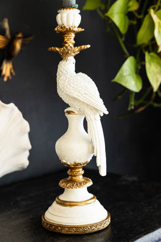 Image of the Large White Ornate Parrot Candlestick Holder