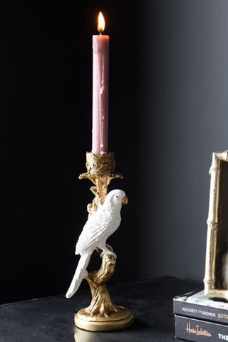 Image of the White Parrot Candlestick Holder with a candle