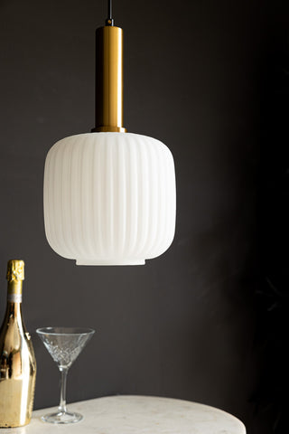 Detail image of the White Ribbed Glass & Gold Ceiling Light