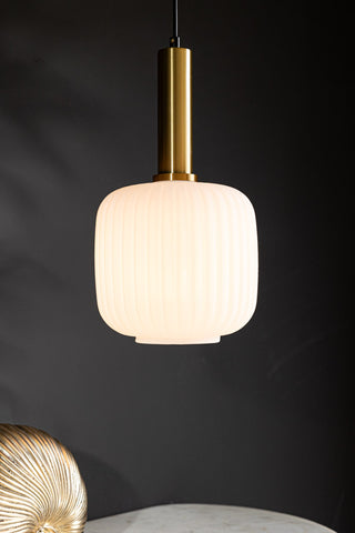 Lifestyle image of the White Ribbed Glass & Gold Ceiling Light