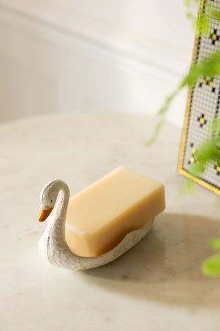 White Swan Cast Iron Trinket Dish shown as a soap dish in the bathroom. 