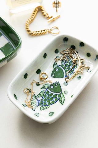 Lifestyle image of the White & Green Fish Ceramic Trinket Dish