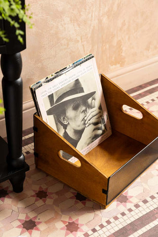 Wood & Mesh Record Storage Box shown on the floor against a pink tiled floor mat. 