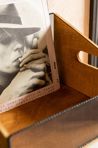 The inside of the Wood & Mesh Record Storage Box, shown with a Bowie record. 