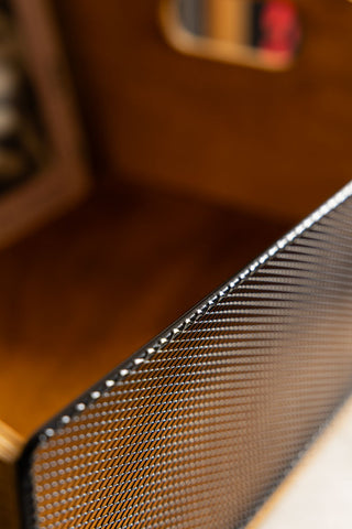 Close up detail of the mesh side on the Wood & Mesh Record Storage Box.