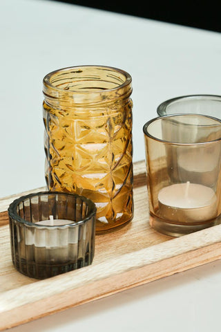 Detail image of the Wooden Tray With Glass Candle Holder Votives