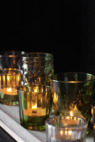 Image of the Wooden Tray With Green Glass Candle Holder Votives