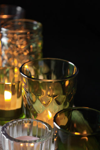 Close-up image of the Wooden Tray With Green Glass Candle Holder Votives