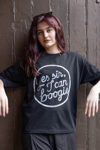 Close-up image of the Yes, Sir, I Can Boogie T-Shirt in Black - Available in 6 Sizes