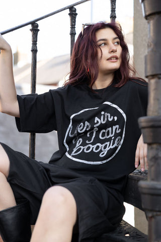 Detail image of the Yes, Sir, I Can Boogie T-Shirt in Black - Available in 6 Sizes