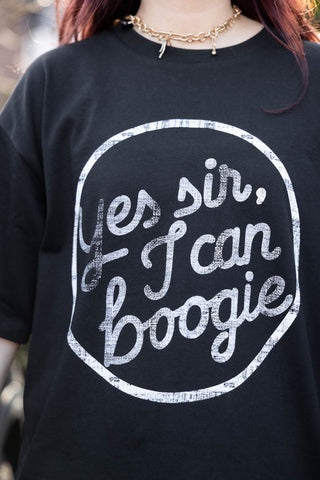 Image of the text of the Yes, Sir, I Can Boogie T-Shirt in Black - Available in 6 Sizes
