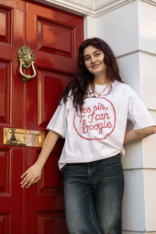 Image of a model wearing the Yes, Sir, I Can Boogie T-Shirt in White - Available in 6 Sizes