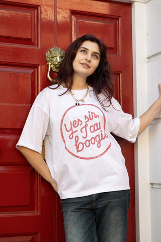 Close-up image of the Yes, Sir, I Can Boogie T-Shirt in White - Available in 6 Sizes
