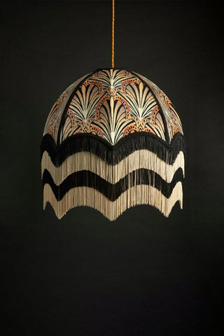 Stunning ceiling lamp shade in a deco pattern with a black and white wave fringing at the bottom. 