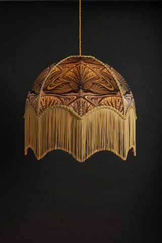 Stunning gold and black Art Deco ceiling lampshade with gold fringing designed by Anna Hayman. 