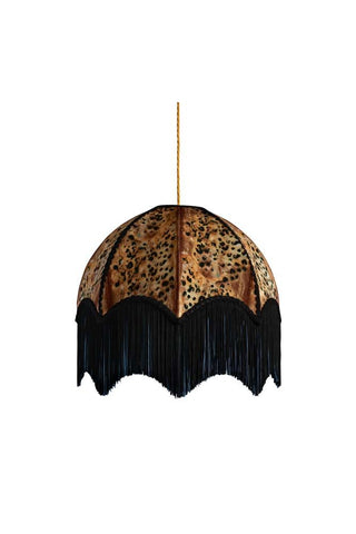 Dark and sexy leopard print ceiling lampshade with long black fringing. 
