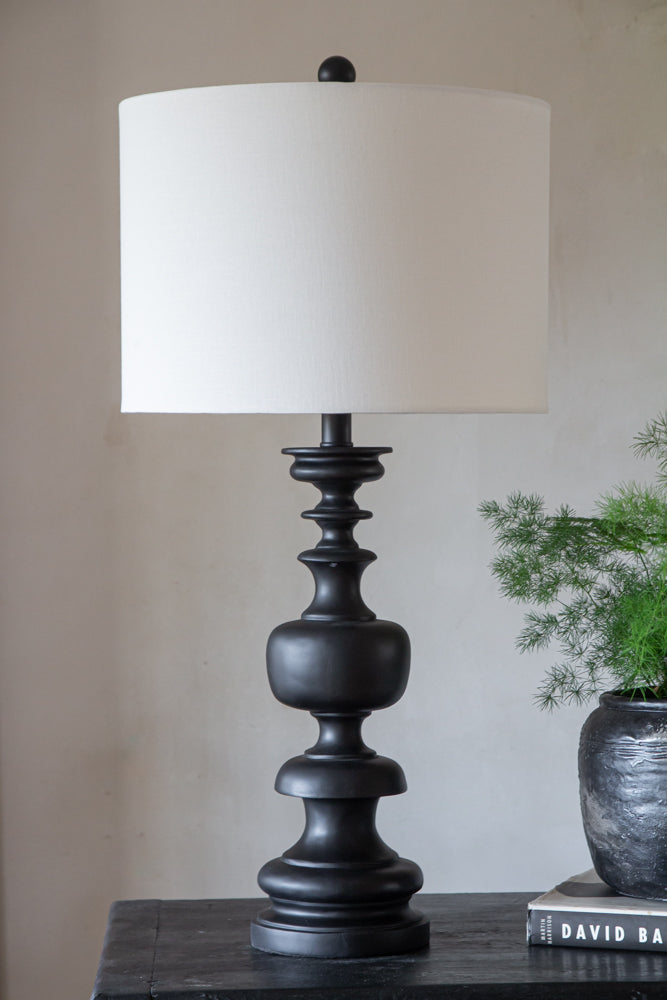 Black Wood Turned-Style Table Lamp With Linen Lamp Shade