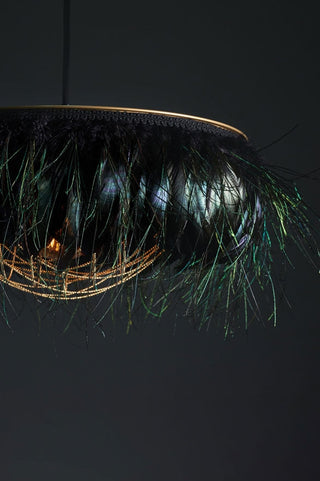 Close-up image of the Juliette Fabulous Feather Chandelier Featuring Chains in Iridescent Black/ Electric Peacock