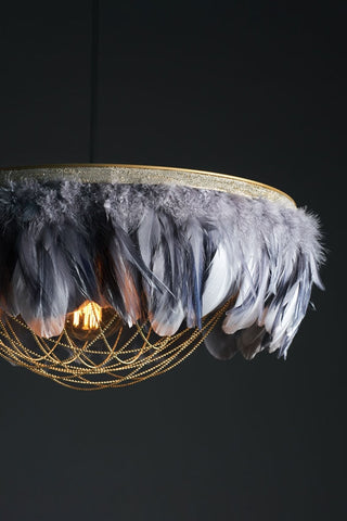 Close-up image of the Juliette Fabulous Feather Chandelier Featuring Chains in Two Tone Grey