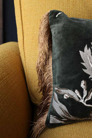 Image of the fringe on the Floral Embroidered Cushion With Golden Fringe