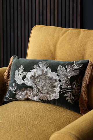 Image of the Floral Embroidered Cushion With Golden Fringe