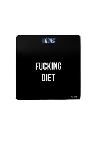 Cutout image of 'fucking diet' bathroom scales in front of a white background. 