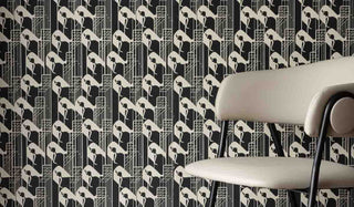 A close up image of Rockett St George black and white,  Margot wallpaper the wallpaper features a beautiful lady on a NYC backdrop. 