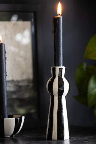 Lifestyle image of the Black & White Stripe Candlestick Holder
