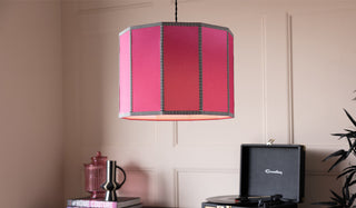 A pink lampshade hanging from the ceiling with various accessories and a plant in the background.