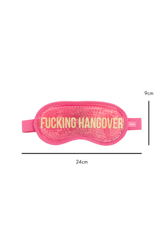Cutout image of pink 'fucking hangover' gel eye mask in front of a white background with dimensions. 