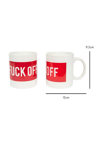 Image showing cutout of red and white fuck off mug on a white background with dimensions. 