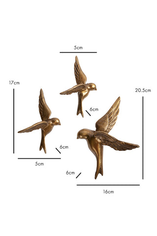 Dimension image of the Set Of 3 Gold Metal Birds Wall Ornament