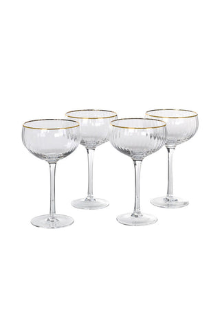 Image of the Set Of 4 Ribbed Champagne Coupe Glasses With Gold Rim on a white background