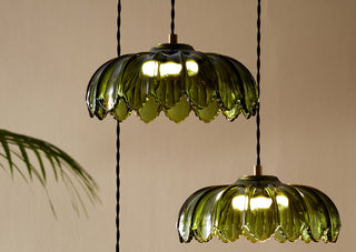 Lifestyle image of the Palm Cluster Light illuminated with a plant in the background. 