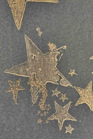 close up detail image of Barneby Gates All Star Wallpaper - Gun Metal gold stamped stars repeated pattern on grey background