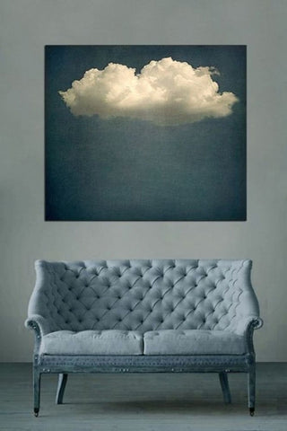 lifestyle image of cloud play I by jr goodwin - etching paper or canvas hung on grey wall above grey sofa 