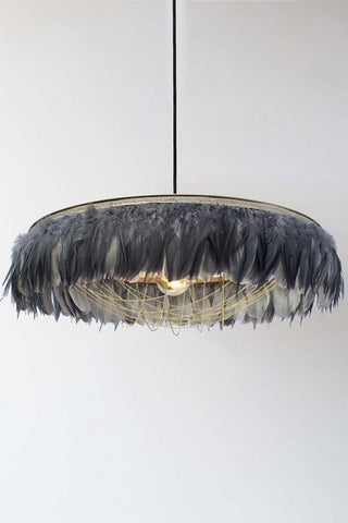 lifestyle image of Fabulous Feather Chandelier Featuring Chains - Gloria - Grey with white wall background