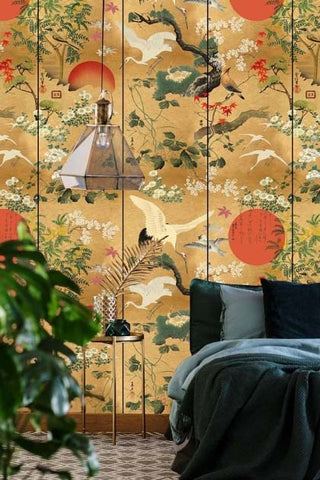 Lifestyle image of the standard version of the ByoBu wallpaper in a bedroom setting with black bedding on bed and large house plant on patterned flooring