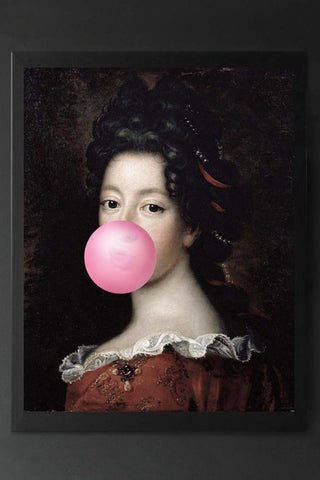 Canvas print of a historical lady blowing a bubble with bubble-gum.