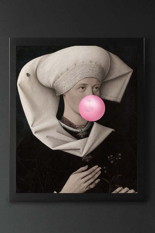 A viscountess woman with a large white headpiece blowing a large pink bubble gum bubble, in a black frame and hung on a grey wall