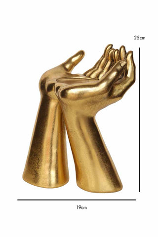 Image of the Antique Gold Palm Hand Candle Holder on a white background with dimensions