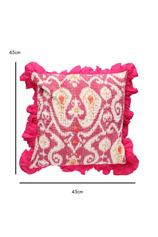 Dimension image of the Fuchsia Ikat & Frill Cotton Cushion