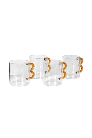 Image of the Set of 4 Amber Wavy Handle Glass Mugs on a white background