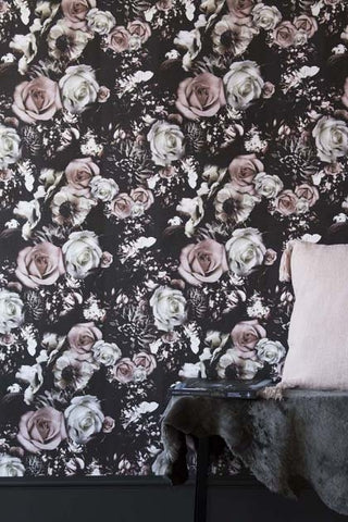 Rockett St George wallpaper, big beautiful roses in black white and blush colours. 